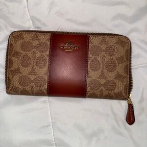 Coach Signature Brown and Tan Zip Wallet